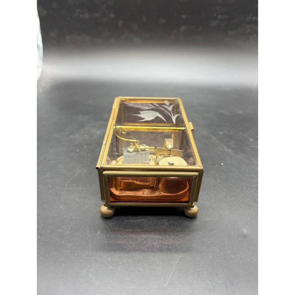 Vintage Sankyo Glass Brass Music Box Etched Bird Pink Rose Send in the Clowns